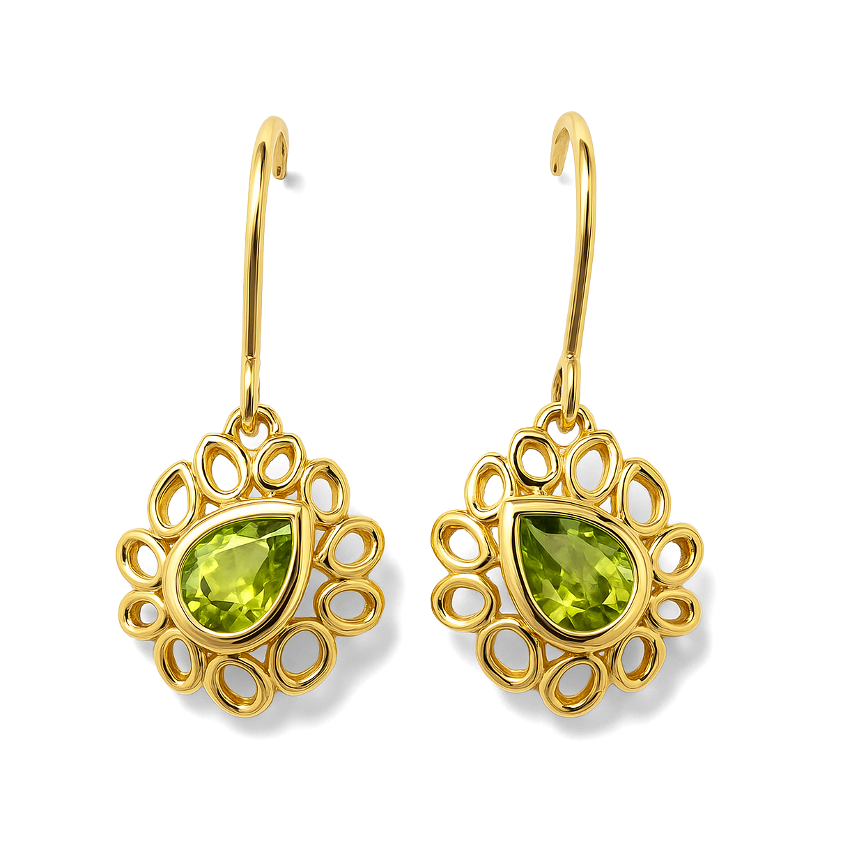 Gold earrings with green gemstones on a white background