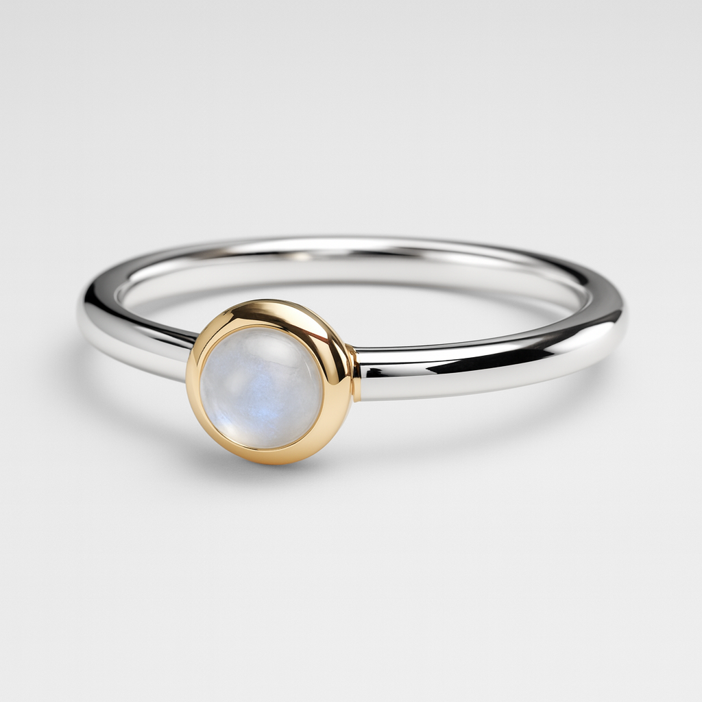 Silver ring with a gold accent and moonstone on a light grey background