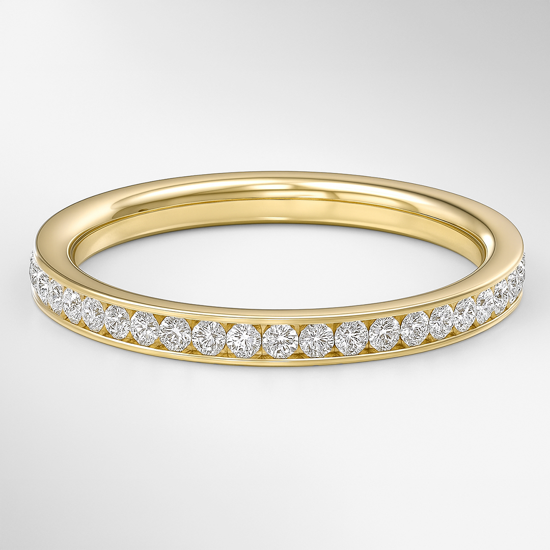 Gold ring with diamonds on a light gray background