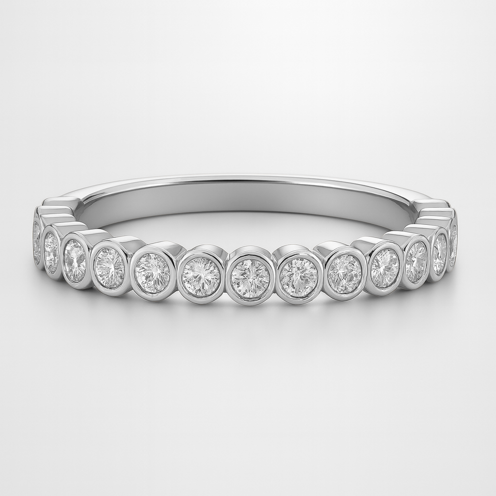 Platinum Diamond Wedding ring with small diamonds on a light grey background
