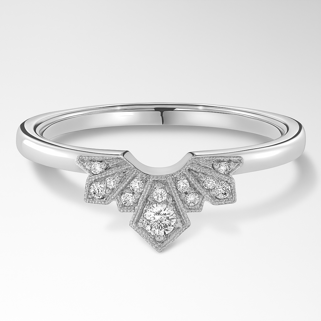 White Gold Art Deco Style Wedding Ring on a White Background