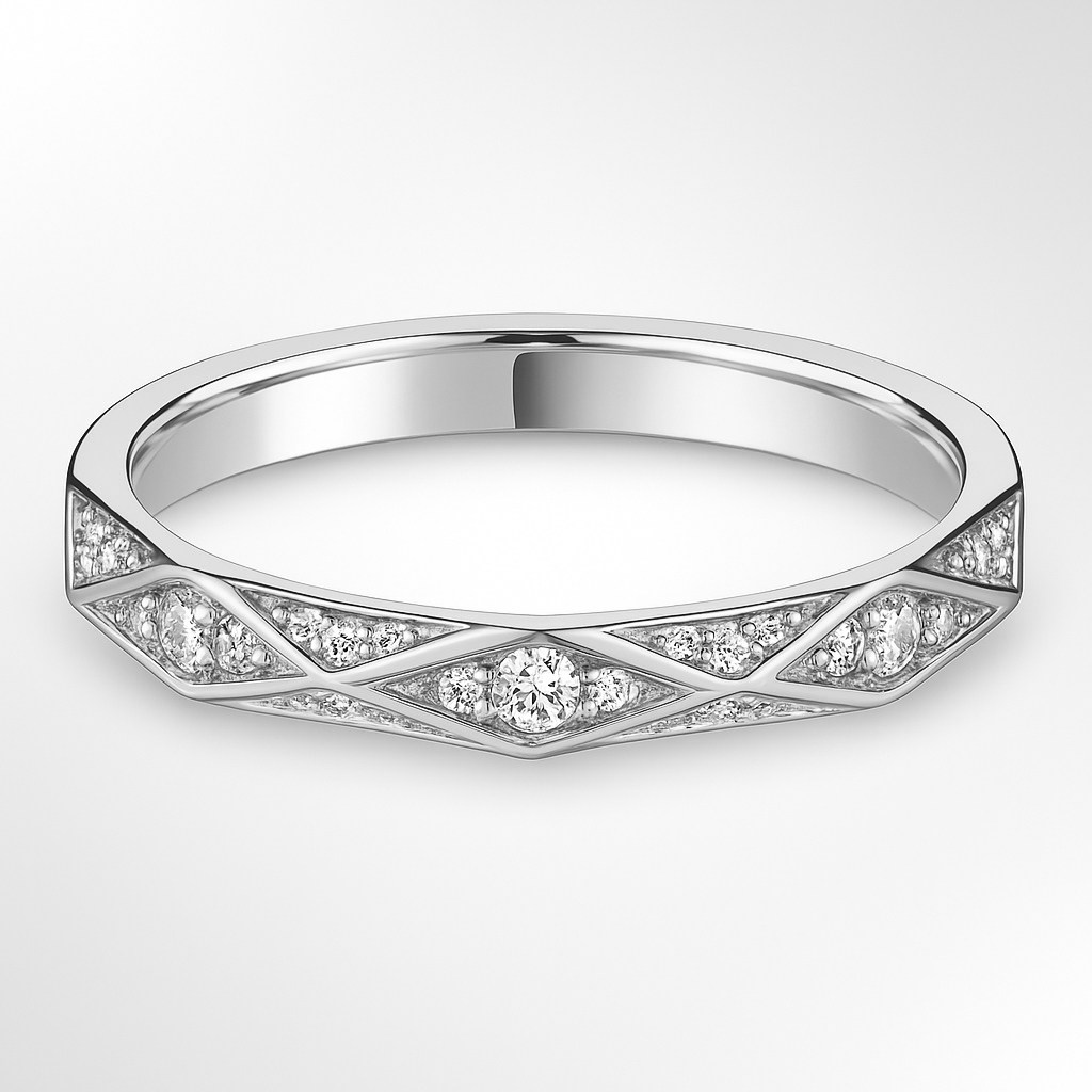 White Gold Geometric Pattern Diamond Wedding Ring on a White Background