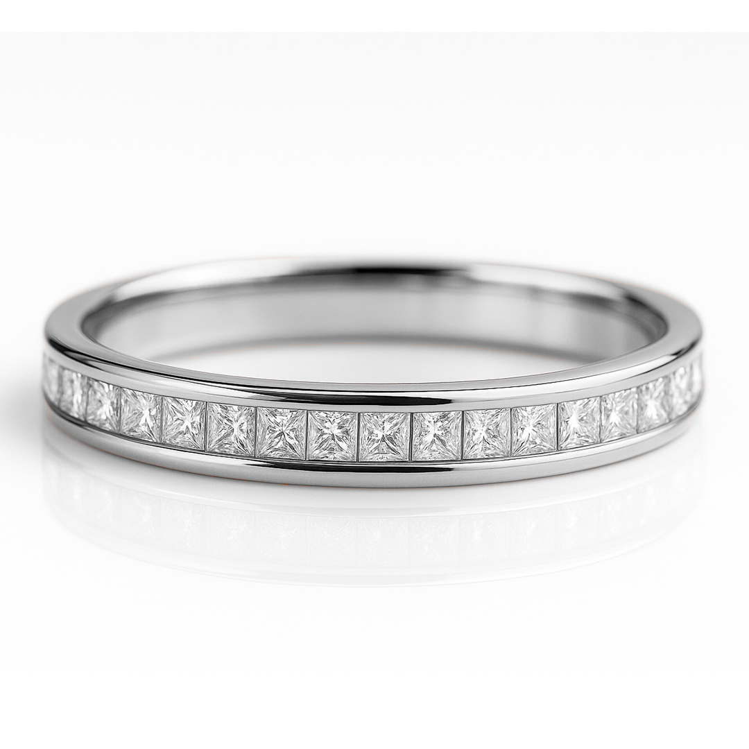 White Gold ring with diamond accents on a white background