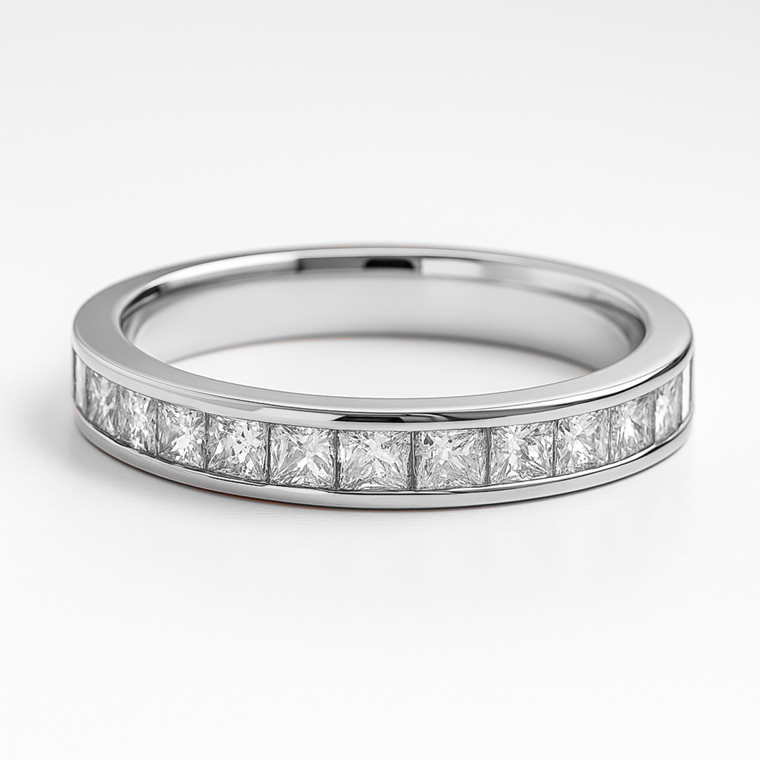 White Gold ring with diamond stones on a white background