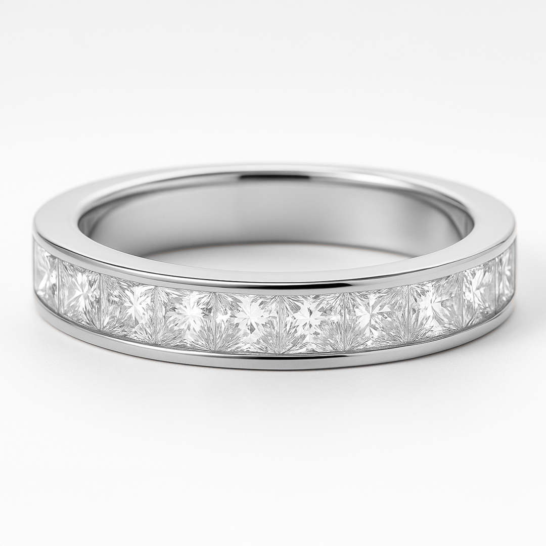 White Gold ring with diamond stones on a white background