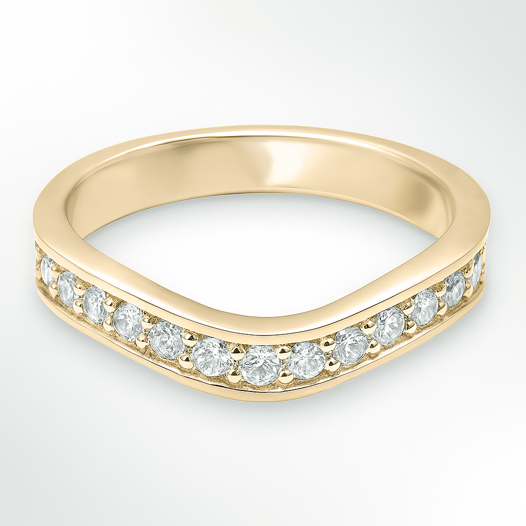 Yellow Gold Wedding ring with diamonds on a white background