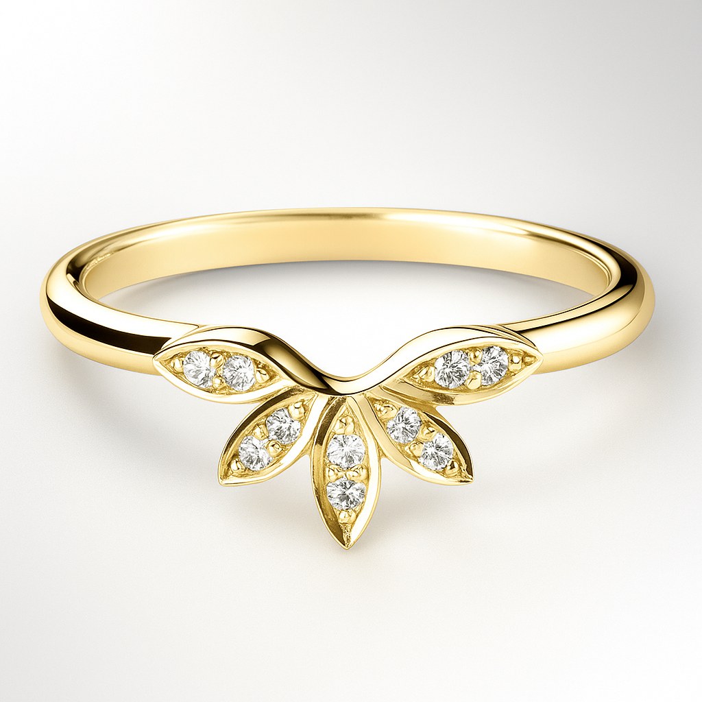 Yellow Gold Shaped Diamond Wedding Ring on a Grey Background