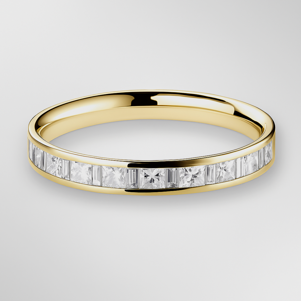 Yellow Gold Princess and Baguette Diamond Ring on a Grey Background