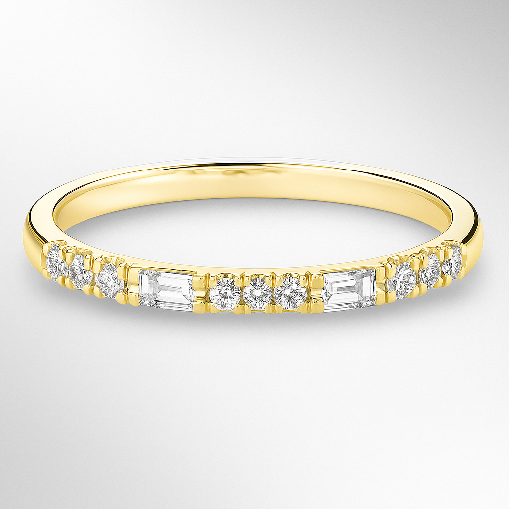 Yellow Gold Round and Baguette Diamond Ring on a White Background