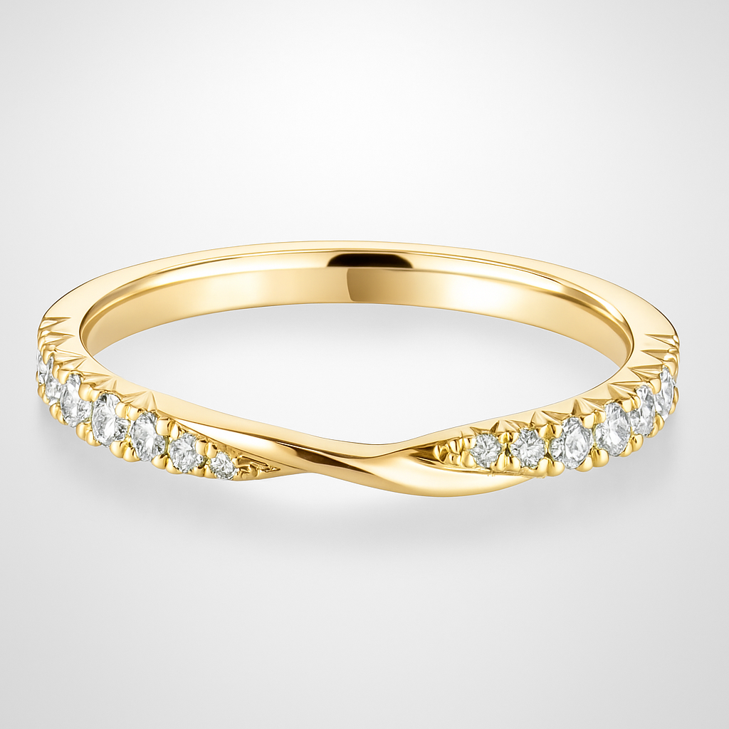 Yellow Gold Twist Diamond Wedding Ring on a White Background