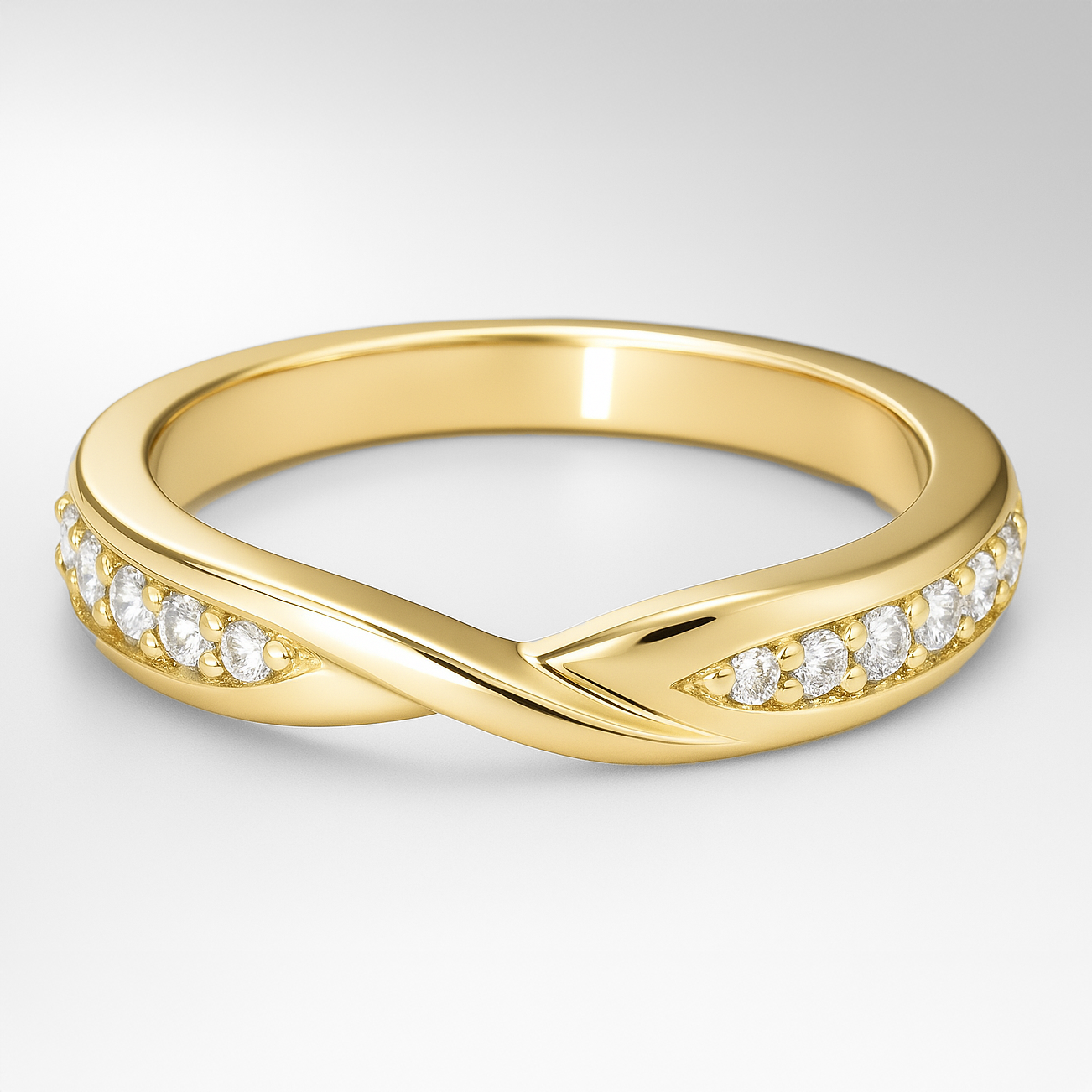 Yellow Gold Twist Diamond Wedding Ring on a White Background