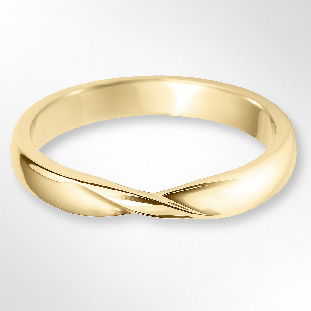 Yellow Gold Twist Shaped Wedding Ring on a White Background