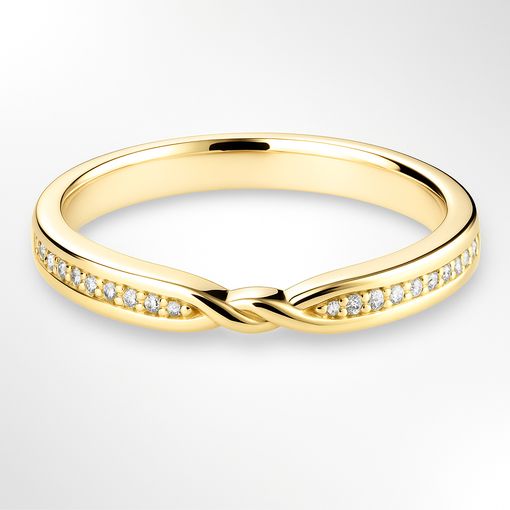 Yellow Gold Diamond Wedding Ring with a Twist Knot on a White Background