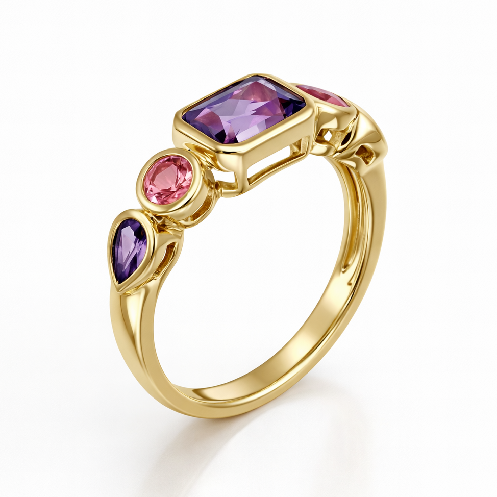 Gold ring with purple and pink gemstones on a white background