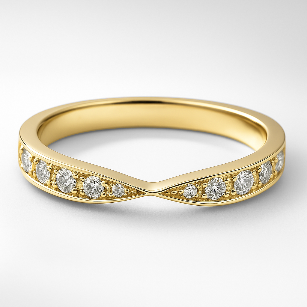 Yellow Gold wedding ring with embedded diamonds on a white background