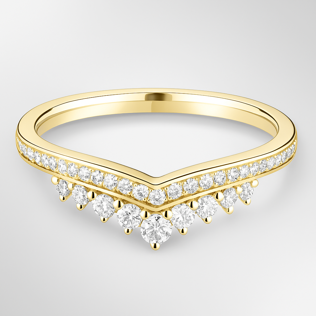 Yellow Gold Shaped Tiara Wedding Ring on a Grey Background
