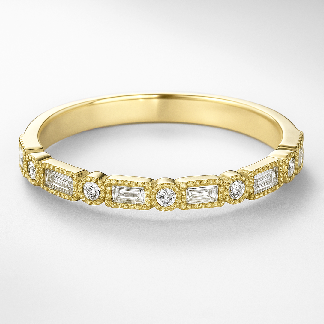 Gold ring with diamond accents on a white background