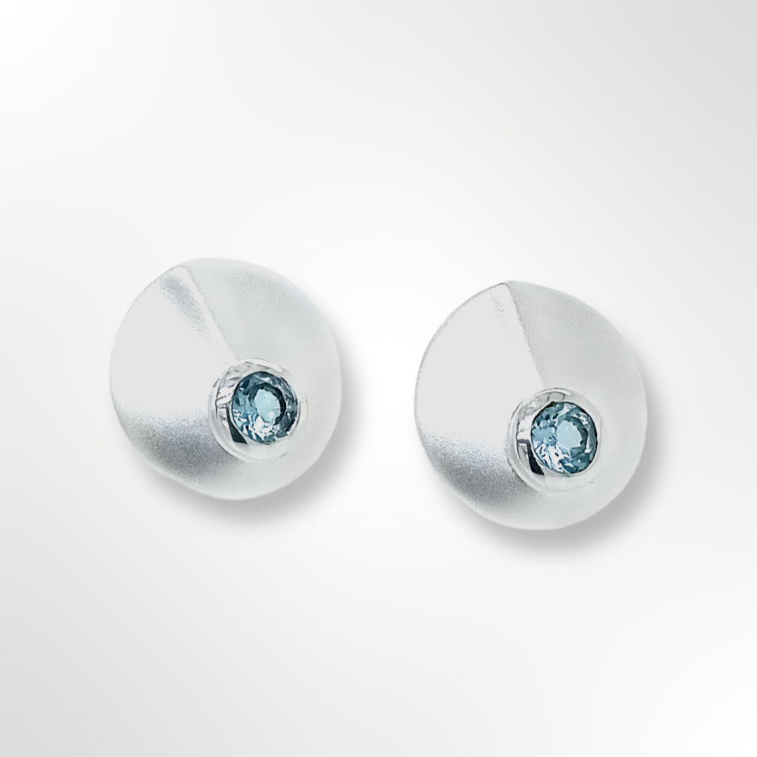 Sterling Silver Satin Blue Topaz Folded Disc Stud Earrings