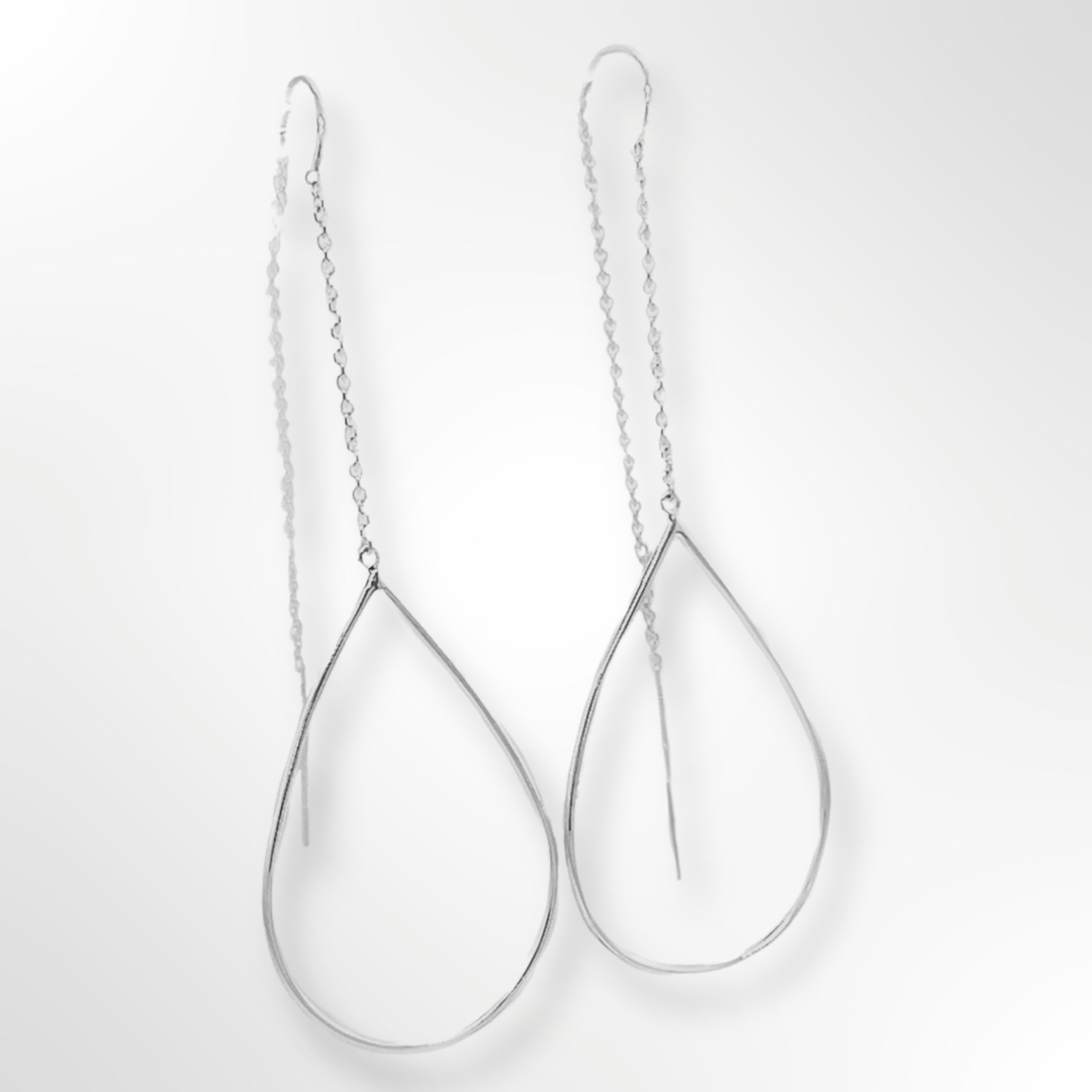 Sterling Silver Open Pear Shape Wire and Chain Drop Earrings